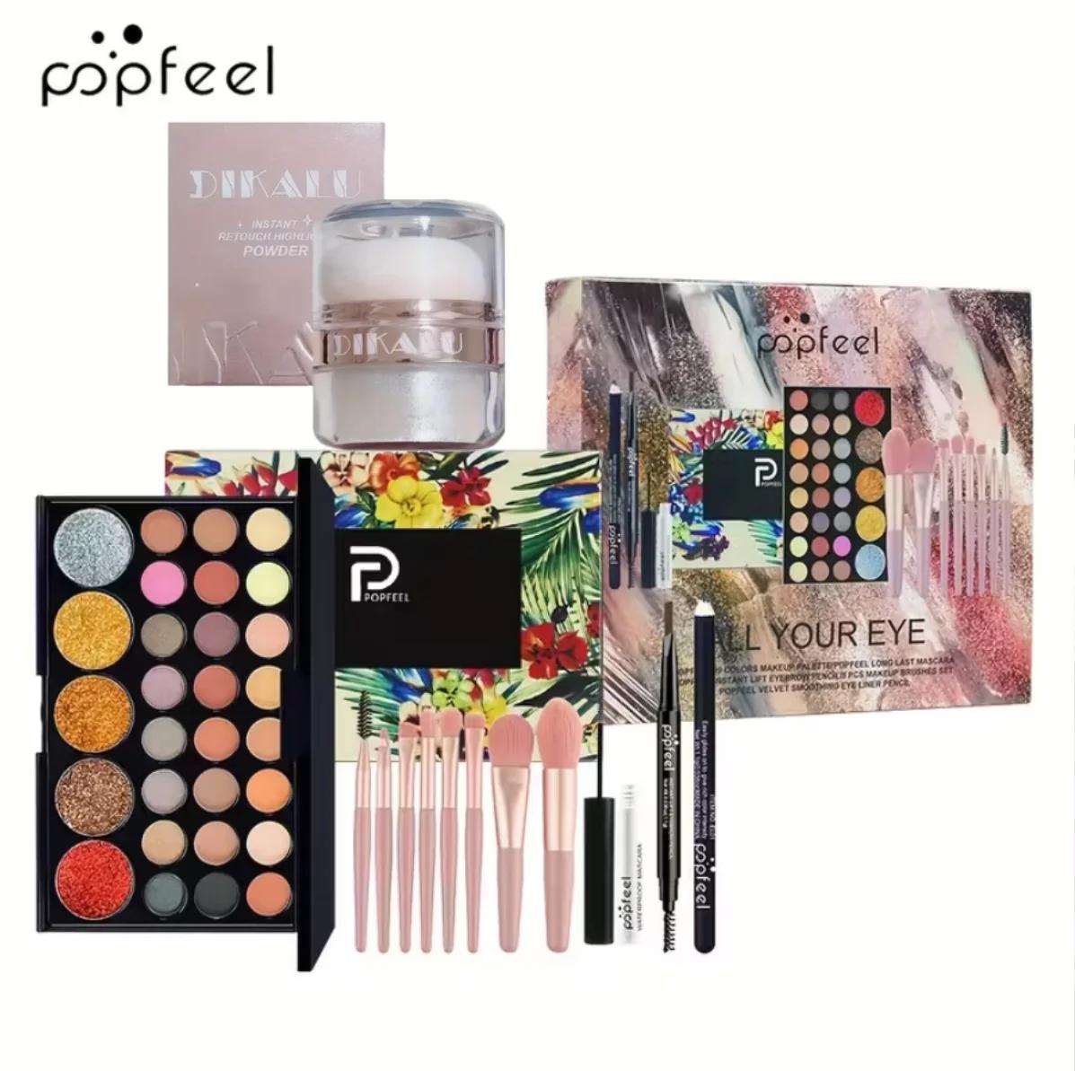 POPFEEL Kit de maquillage complet tout-en-un avec pinceau + illuminateur pour le visage - Ensemble d