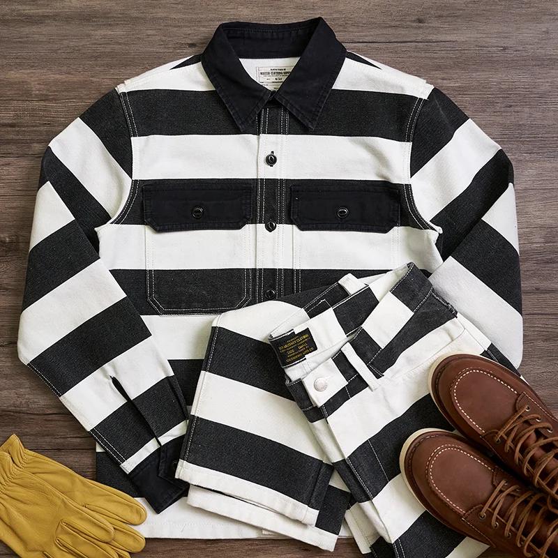 Automne nouveau américain rétro 16oz lourd prisonnier rayé veste hommes mode pur coton lavé épais to