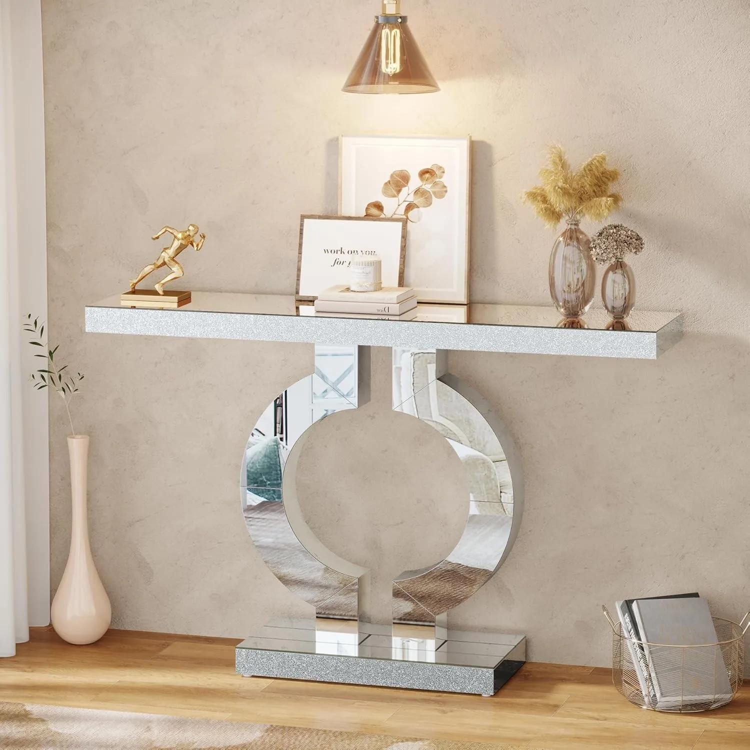 Table console en miroir avec base en forme de O, table d'entrée, table de canapé en verre avec finit