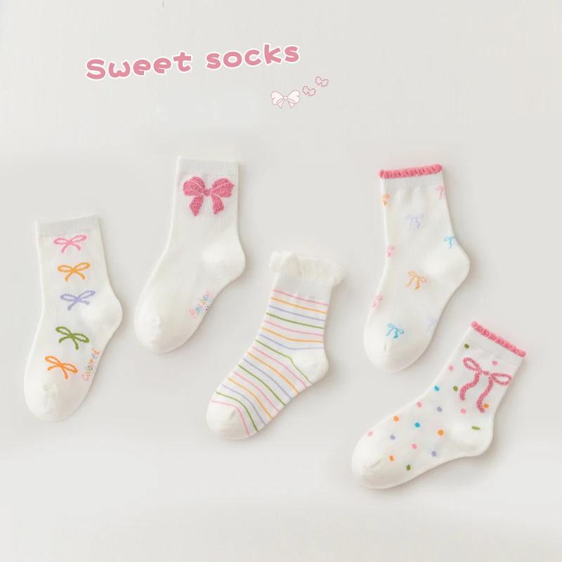 5 paires de chaussettes mi-mollet avec nœud papillon pour enfants filles, en coton peigné sélectionn