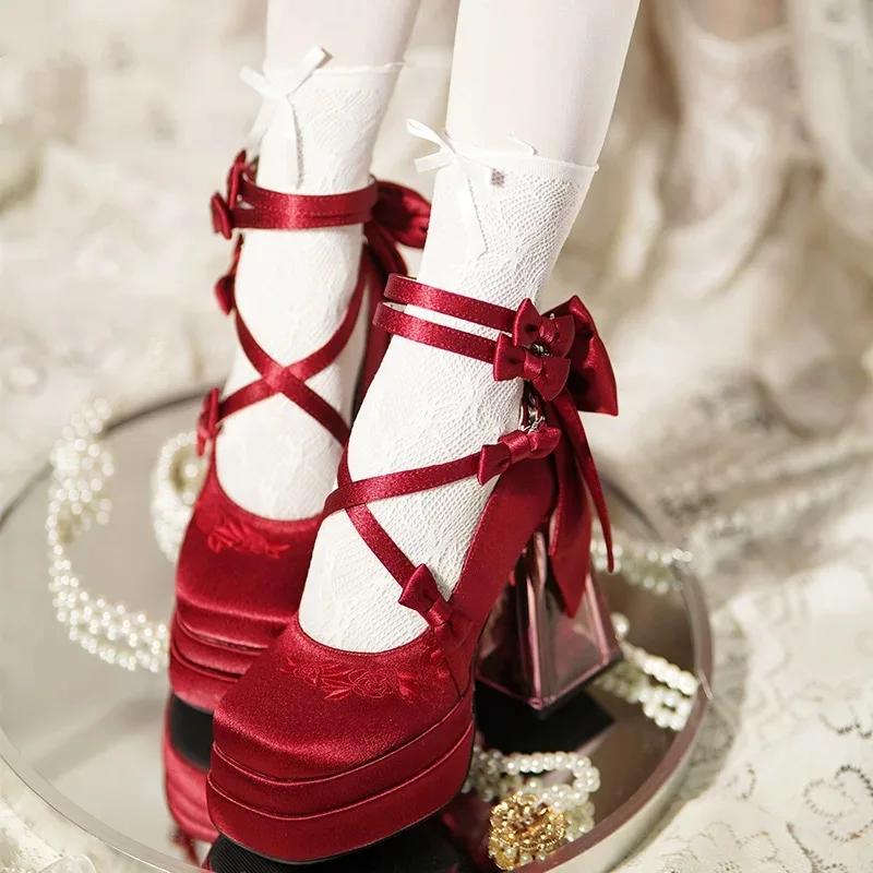 Kawaii 2025 nouveau Original Lolita talons hauts douce fille Satin nœud ruban élégant Mary Jane chau