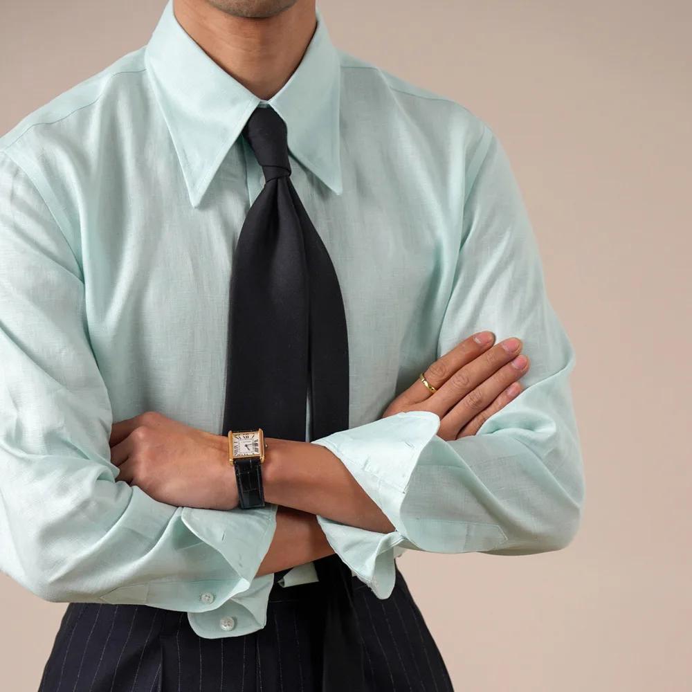 Chemises pour hommes 100% lin de haute qualité, manches longues, col italien pointu, respirantes, ch