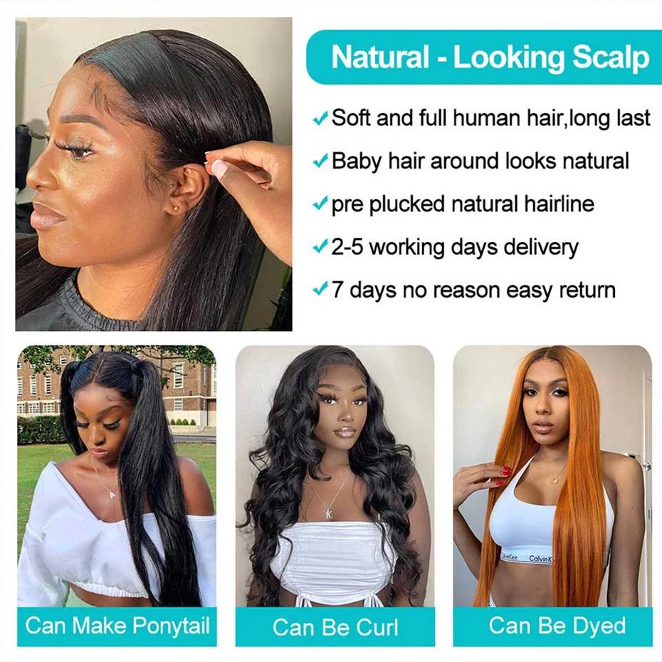 Perruque Lace Wig Body Wave Brésilienne Naturelle Sans Colle, Cheveux Pre-Plucked, Transparent, Blin