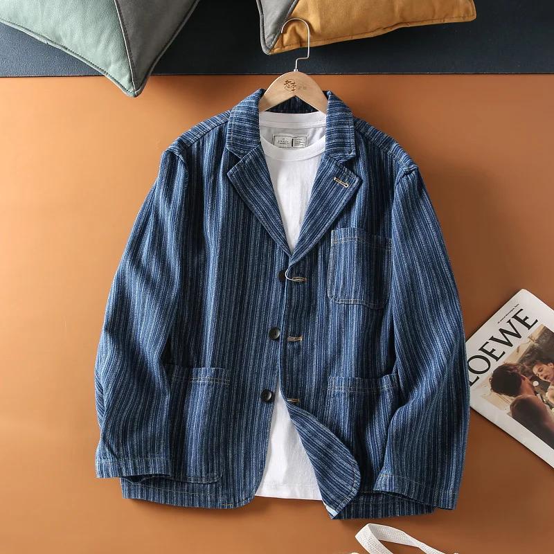 Haute qualité 100% coton japonais rétro Denim corvée Blazer-hommes coupe ample rayé décontracté auto