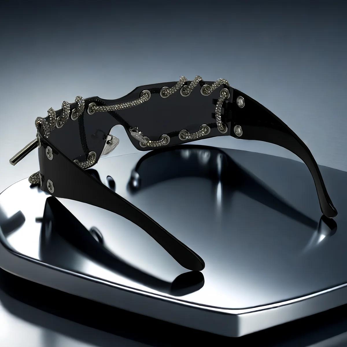 Lunettes de soleil Punk Y2k pour femmes, sans monture, avec chaîne en cristal, lunettes de soleil mo