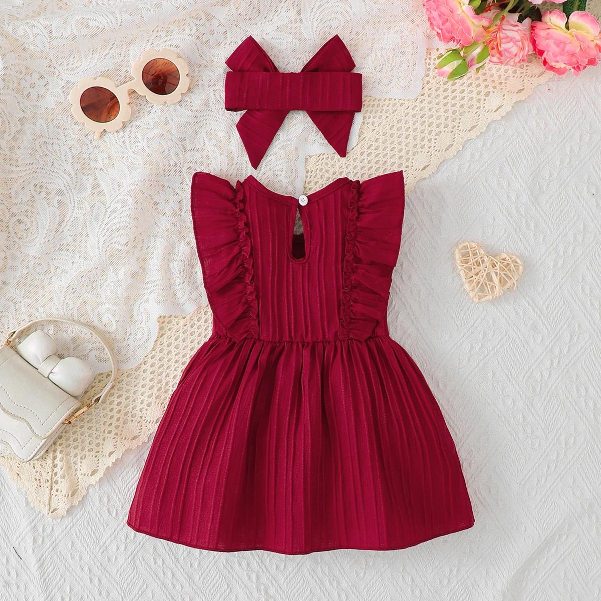 Robe sans manches pour bébé fille, couleur unie, bords à volants, robe d'été + bandeau, robe du nouv
