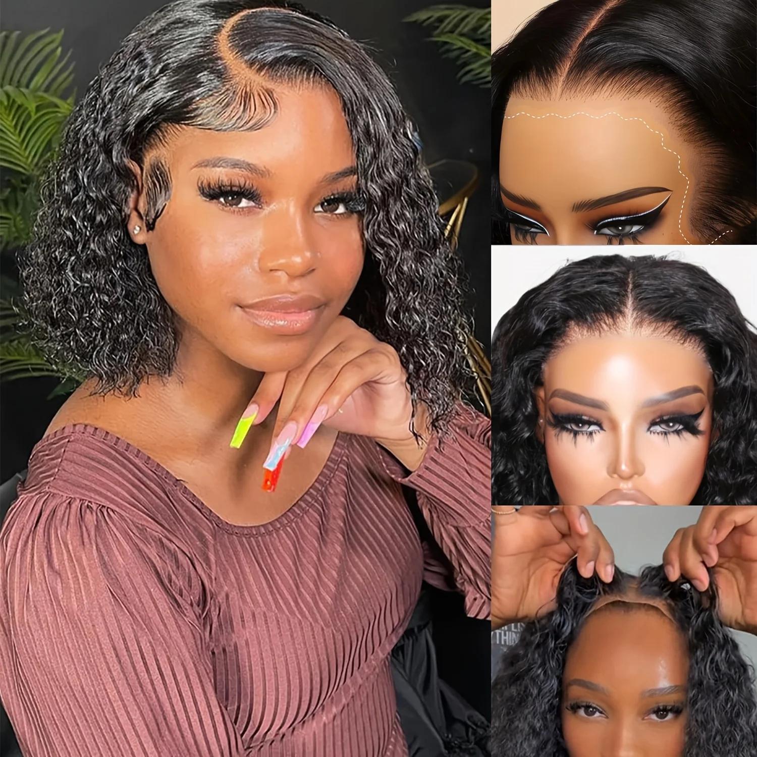 Perruque de cheveux humains bouclés 13x4 style birman Deep Wave, sans colle, effet mouillé et ondulé