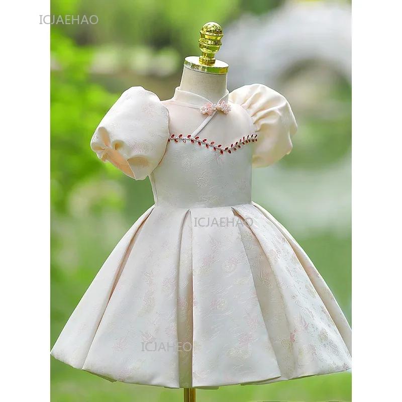 Robe une pièce pour bébé fille, style chinois, princesse de fête avec manches bouffantes, robe d'ann