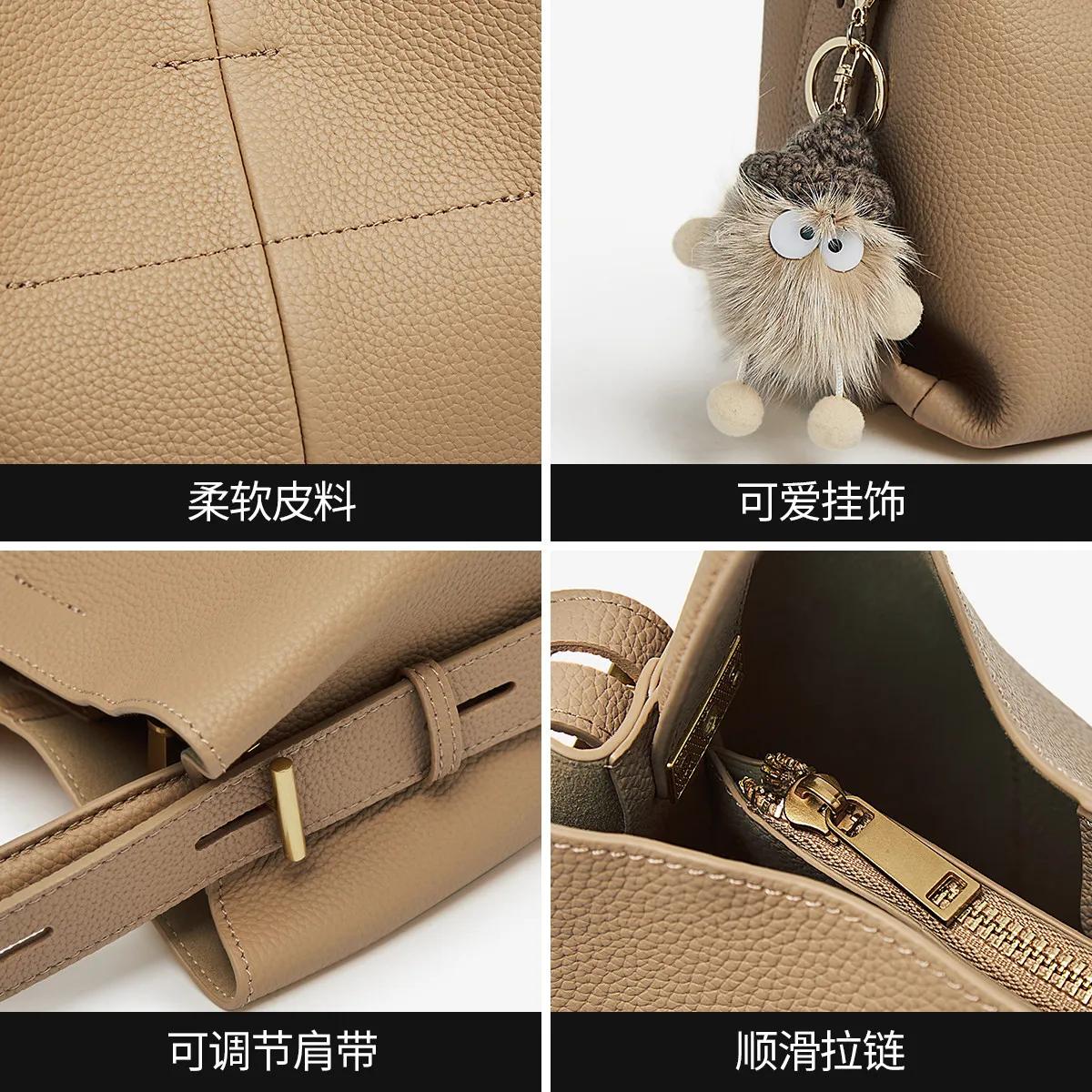 FOXER Simple en cuir véritable sac à main femmes sac à bandoulière fourre-tout sac seau grande capac