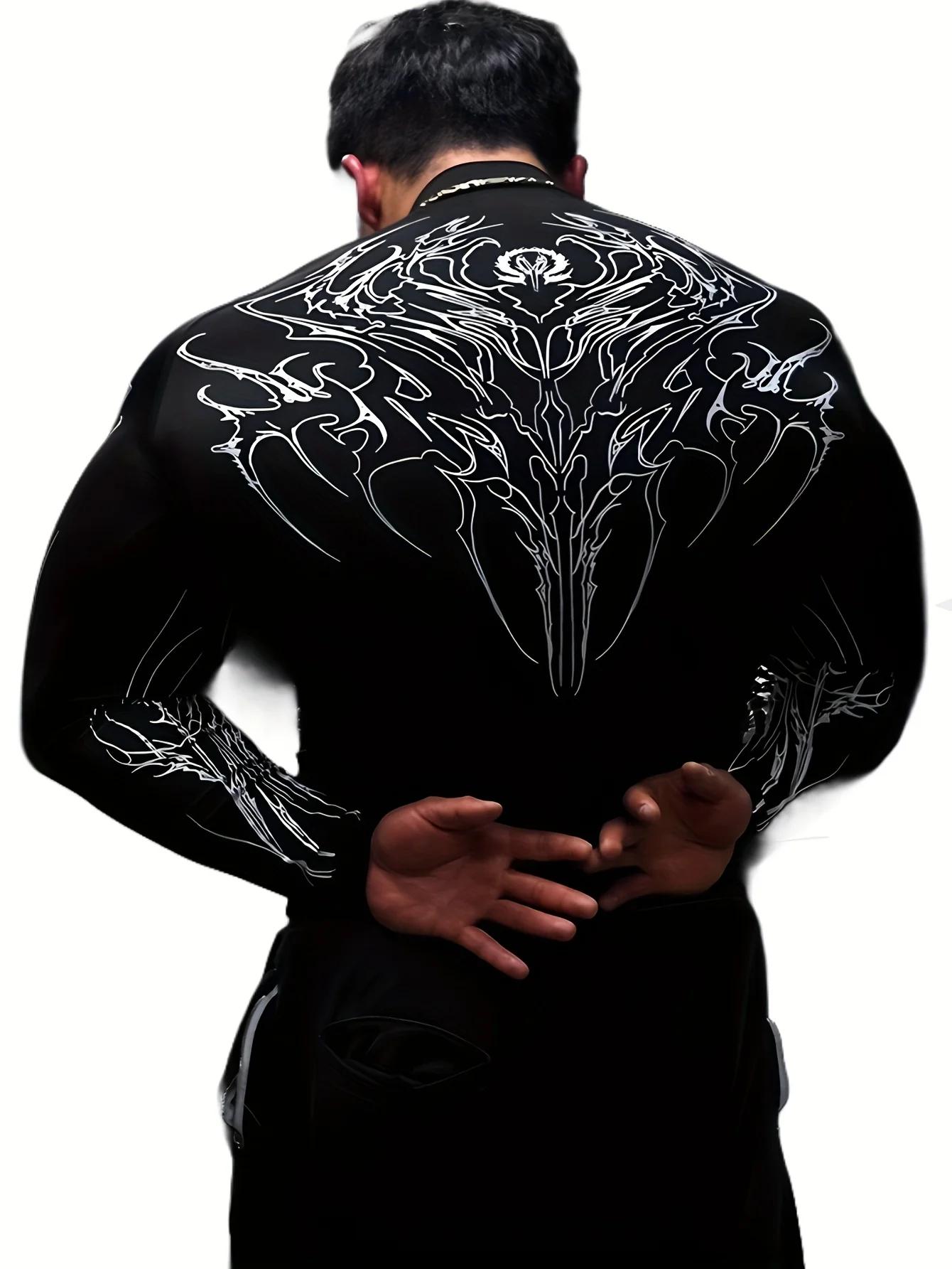 T-shirt de fitness à manches longues pour homme, coupe ajustée, imprimé géométrique, col montant, id