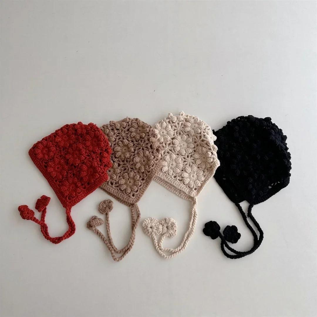 Chapeau tricoté pour bébé fille, bonnet à rabat d'oreille en Crochet fait à la main, mignon ajouré,