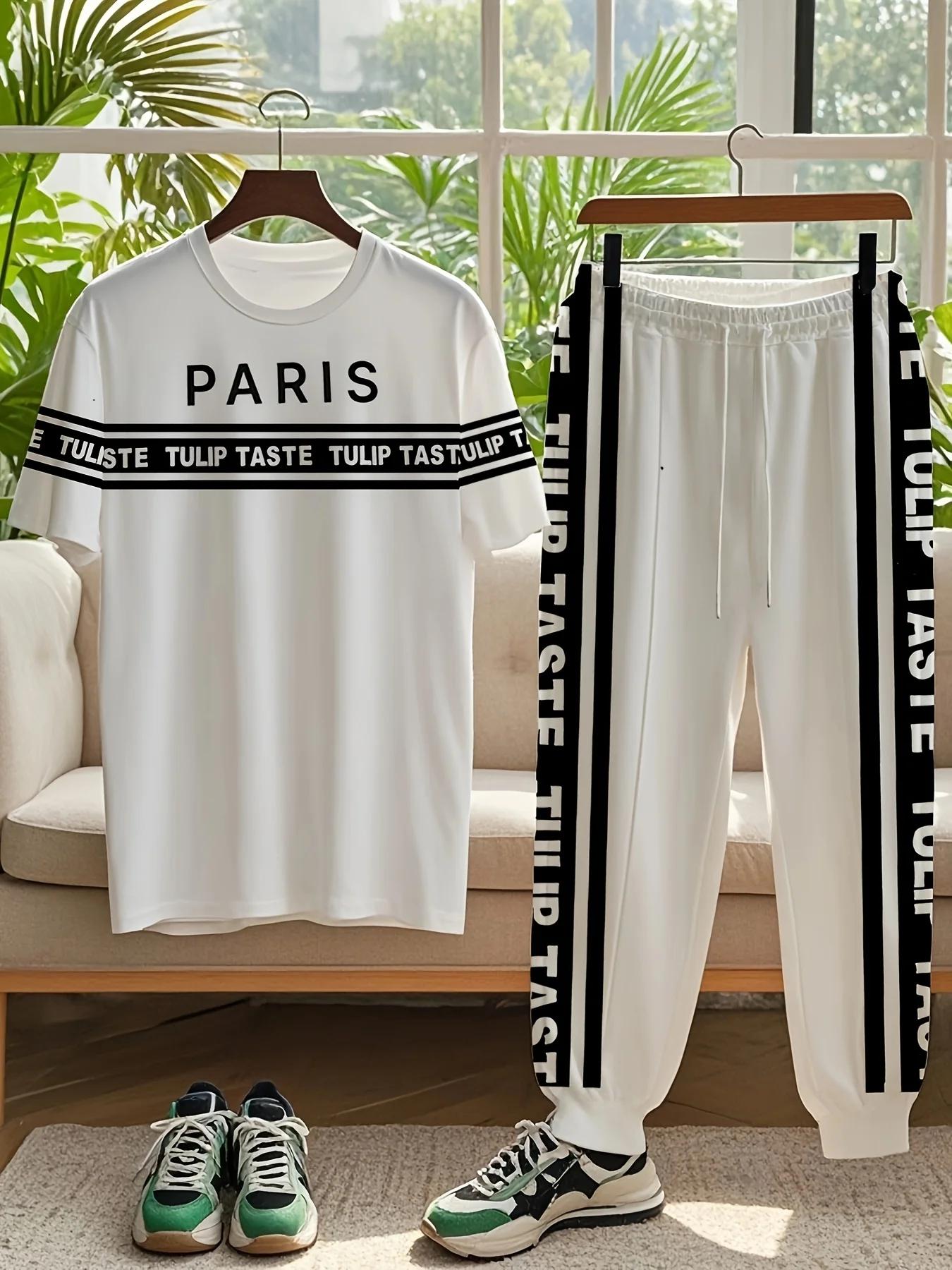 Ensemble deux pièces pour hommes, T-shirt et pantalon à col rond doux et respirant avec lettres impr