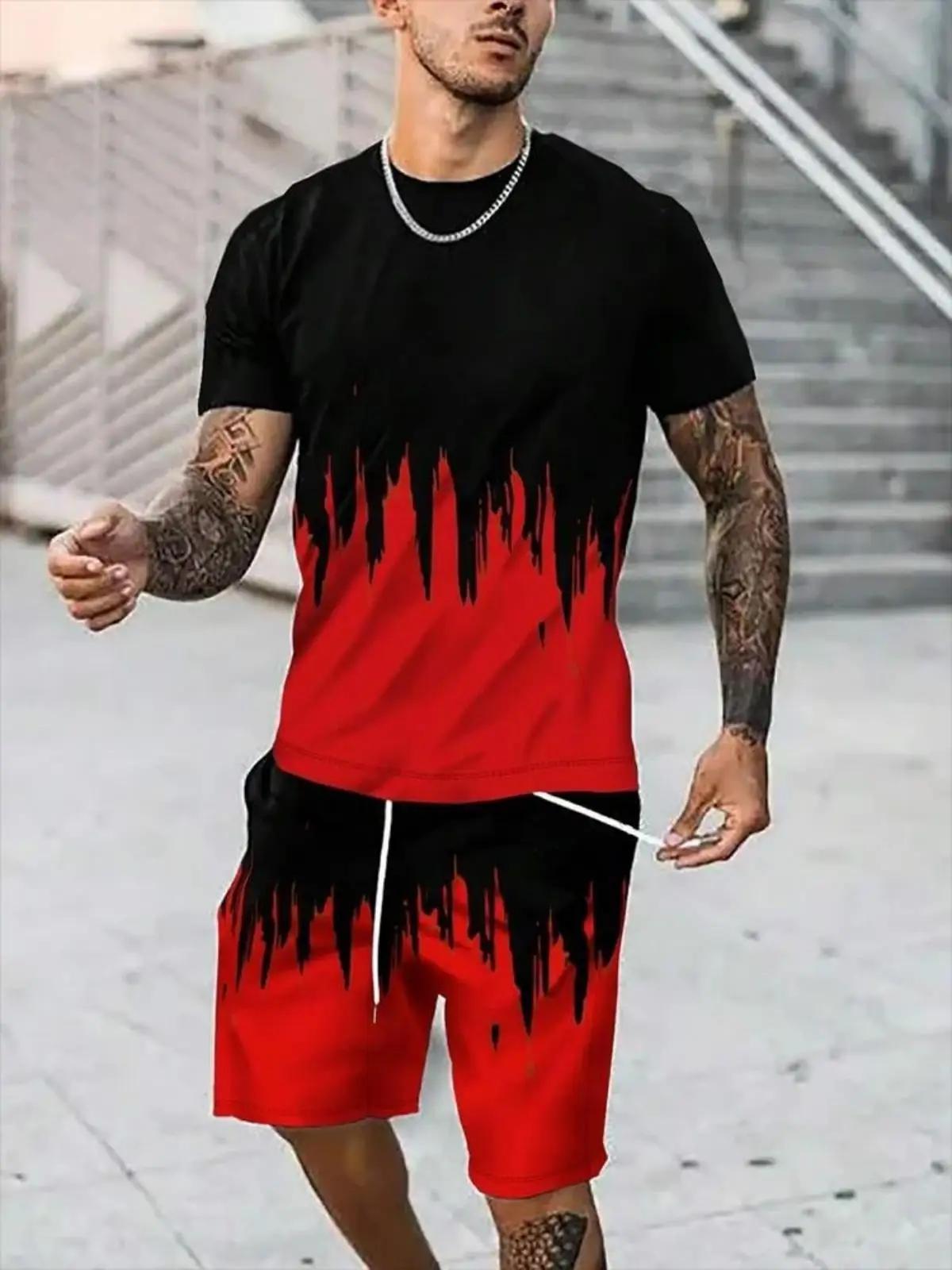 Ensemble T-shirt et short à col rond pour hommes, ensemble deux pièces décontracté avec lettres rayé