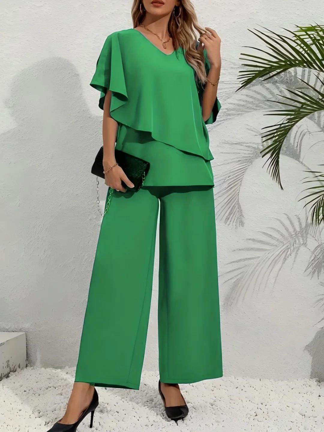 Ensemble 2 pièces pour femmes grandes tailles - Haut à manches bouffantes multicolores à col en V +