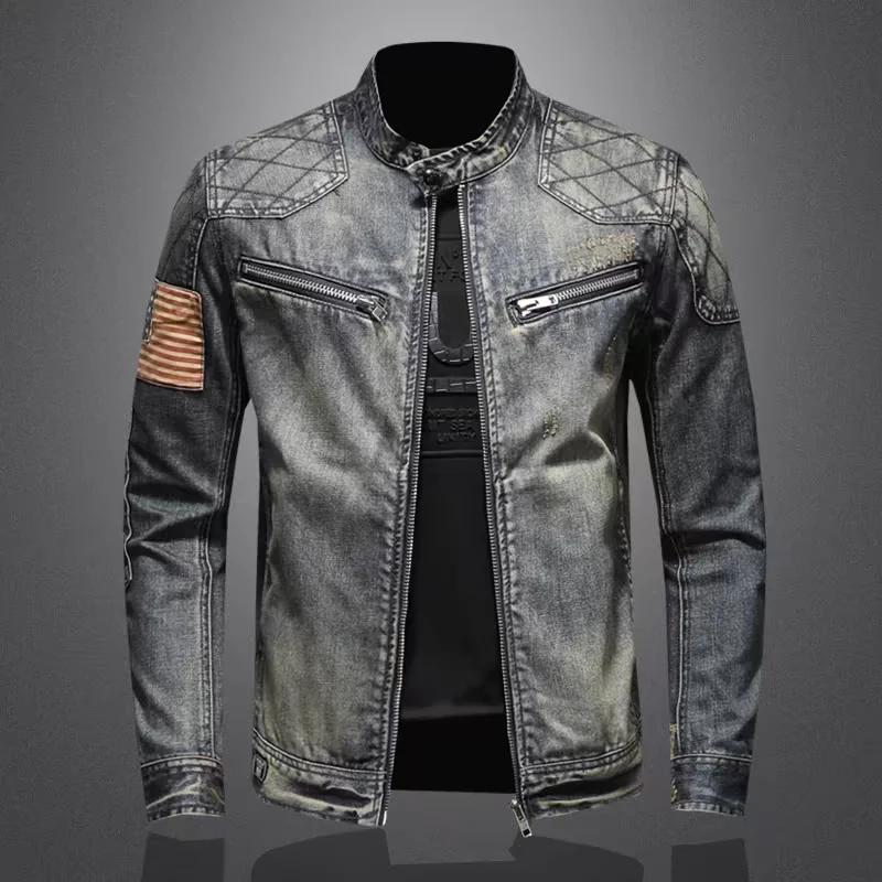 Veste en jean à glissière pour hommes, vêtements de motard à la mode, mode rétro décontractée, équit