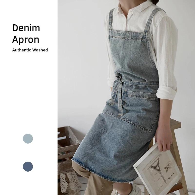 Tablier en Denim coton toile coréenne antisalissure nettoyage à domicile cuisine vêtements de travai