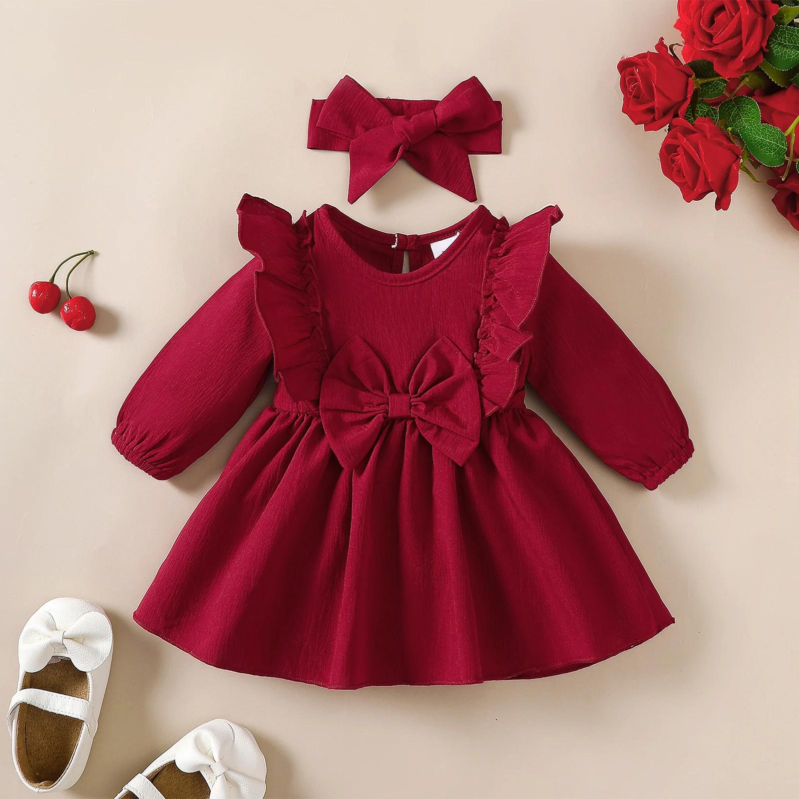 Robe d'automne pour bébé fille, bords et nœud à volants, robe à manches longues + bandeau pour 0-18