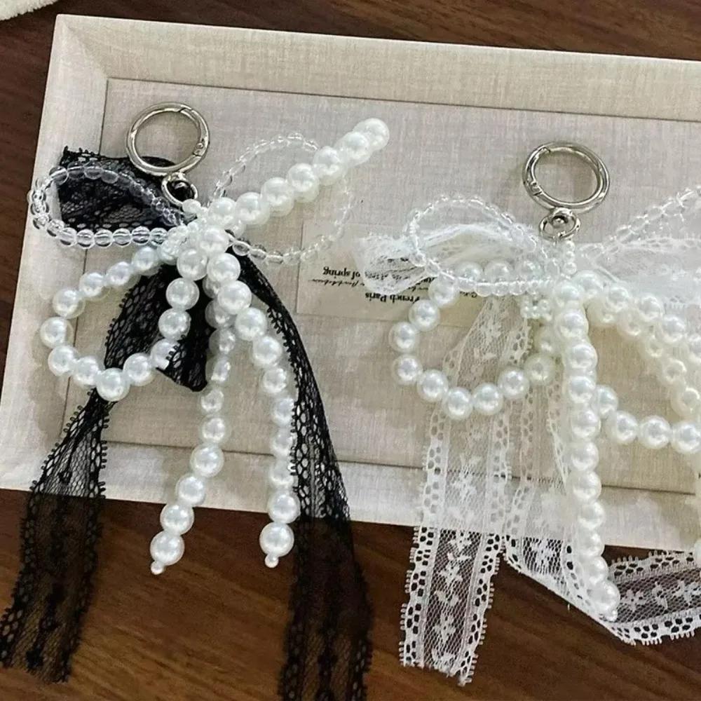 Porte-clés en dentelle mignon, nœud blanc/noir, pendentif de sac, chaîne de téléphone, accessoire d'