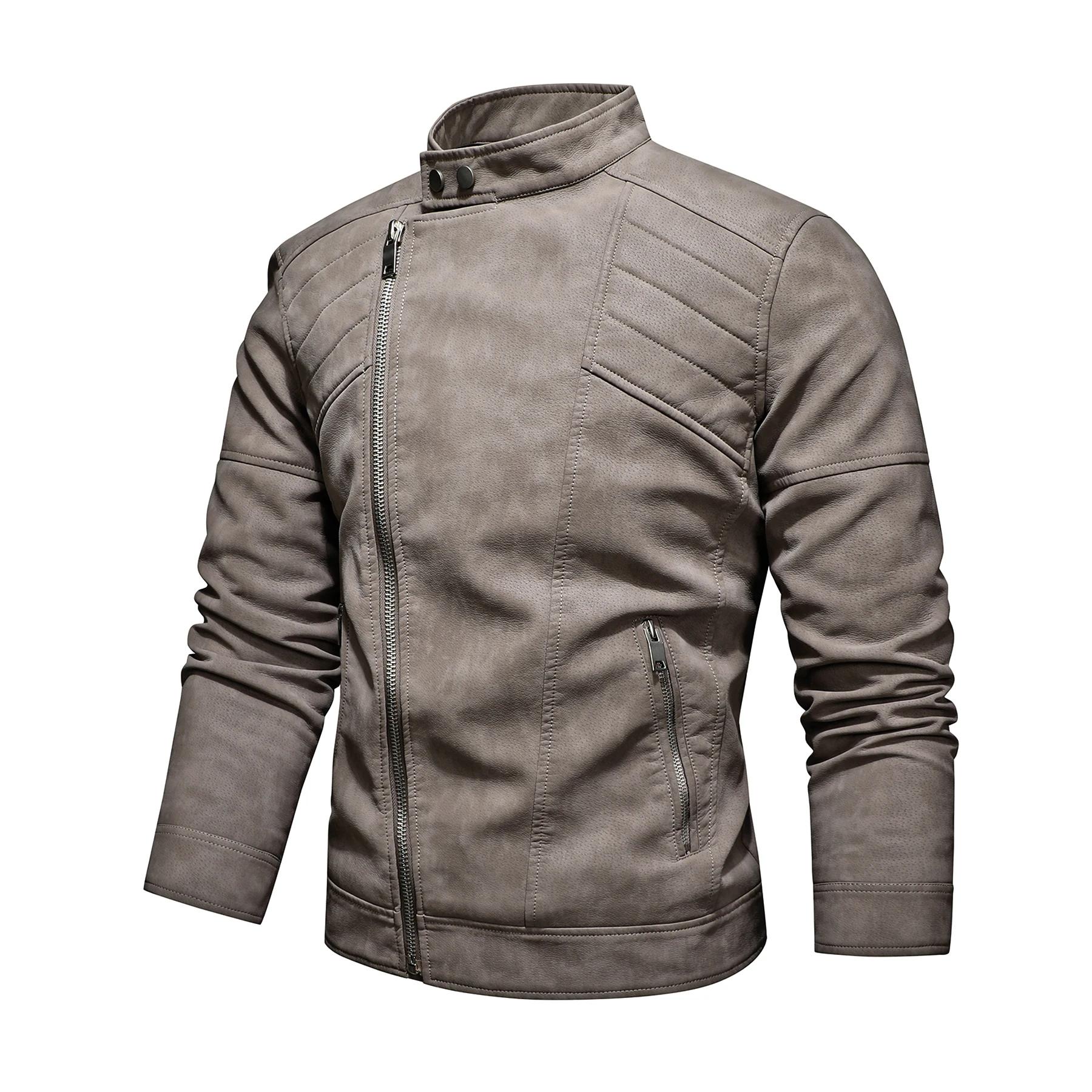Veste en cuir PU pour hommes, avec polaire, grand revers, fermeture éclair diagonale sur le devant,