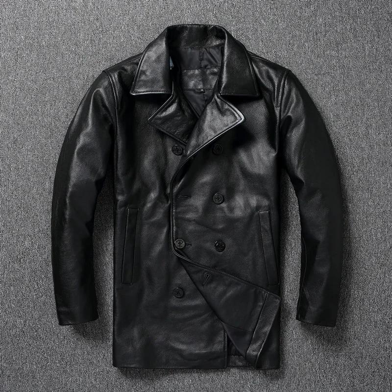 LNY Shop Top-Veste en cuir véritable pour homme, manteau d'affaires long en cuir de cercle noir, par