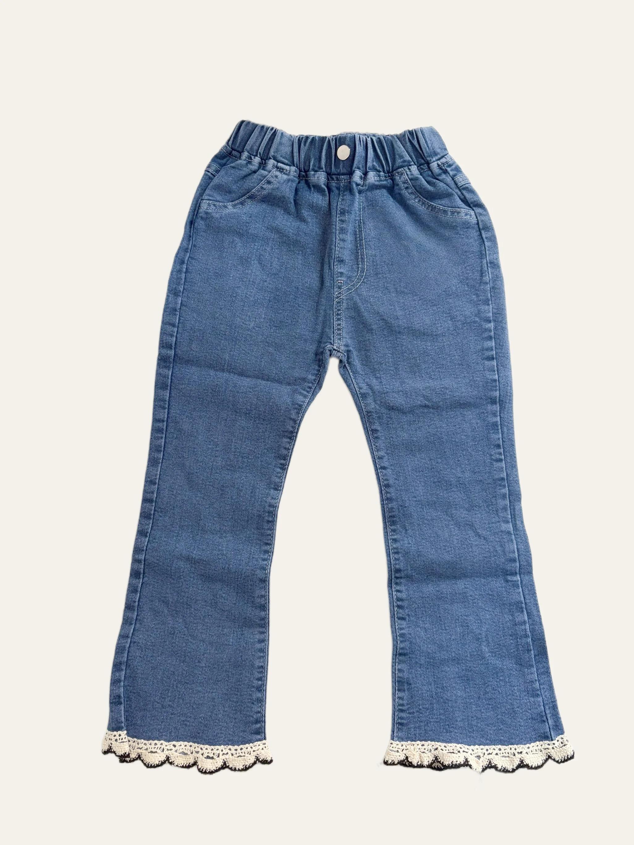 Jeans en dentelle perlée pour adolescentes, pantalons en denim pour filles, pantalons monochromes à