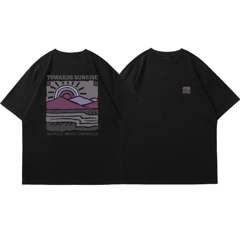 T-shirt Homme Été 2026 Rétro Imprimé Paysage Lettres Col Rond Décontracté Ample Style Urbain 100% Co