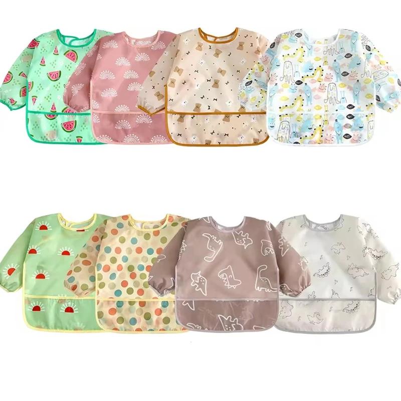 Bavoirs à manches longues pour bébé, tablier imperméable au Design de dessin animé coloré mignon pou