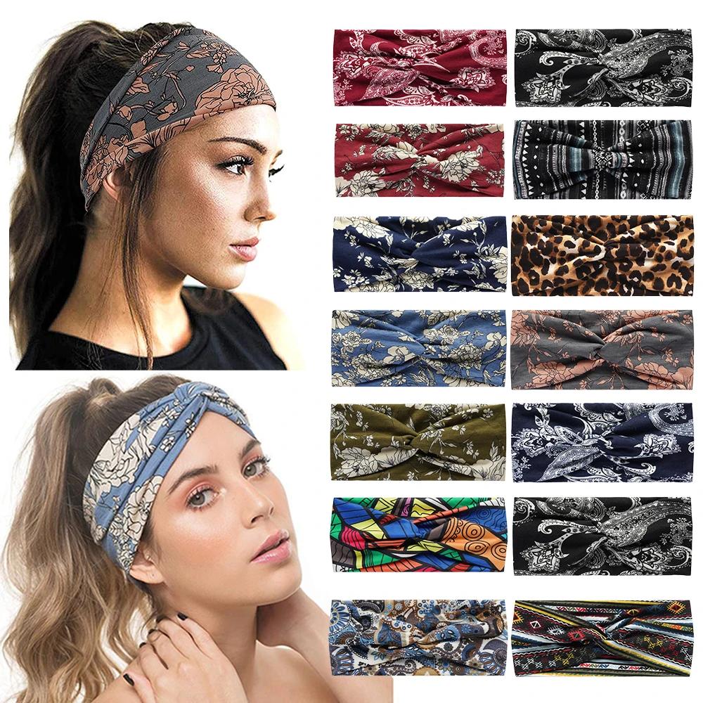 Mode bohème bandes de cheveux imprimer femmes filles bandeaux Vintage croix Turban pansement Bandana