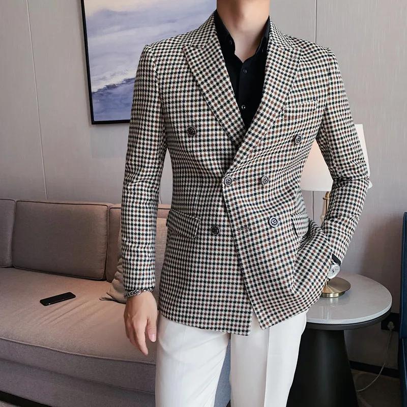 Blazer pied-de-poule de Style britannique pour hommes, coupe cintrée, à la mode, Double boutonnage,
