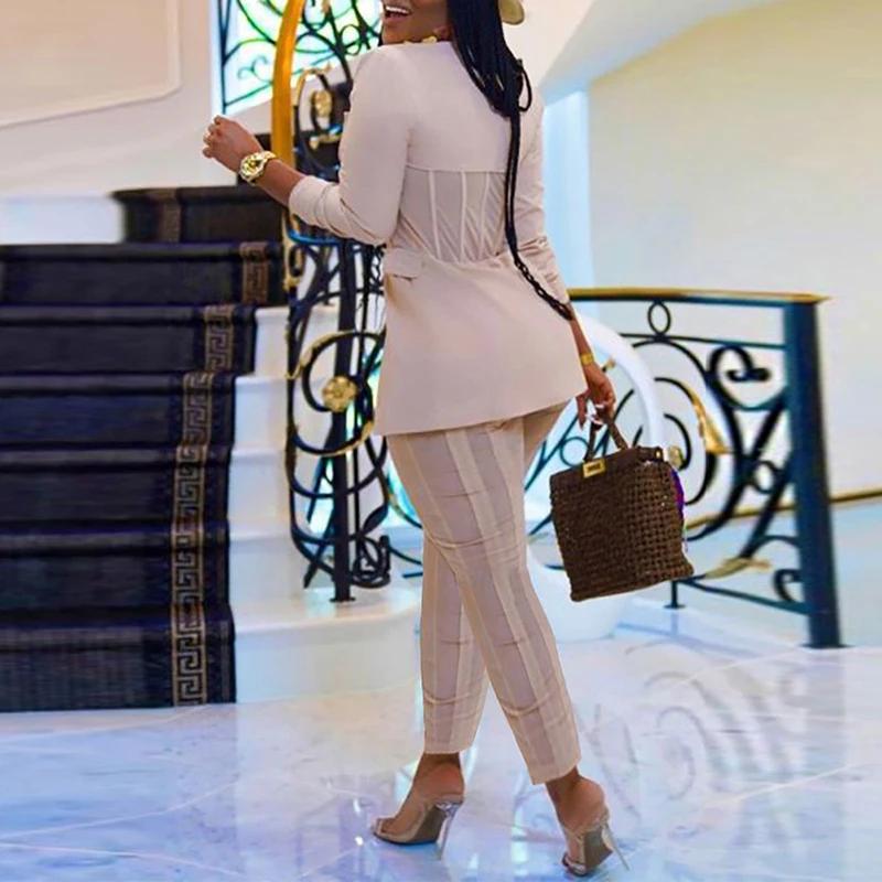 Ensemble 2 pièces imprimé pied-de-poule imbibé pour femme, blazers à poitrine cachée, pantalon crayo