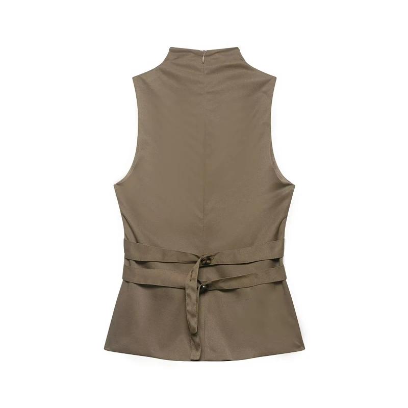 Gilet décontracté pour femme, bicolore, à double boutonnage, col montant, sans manches, cintré à la
