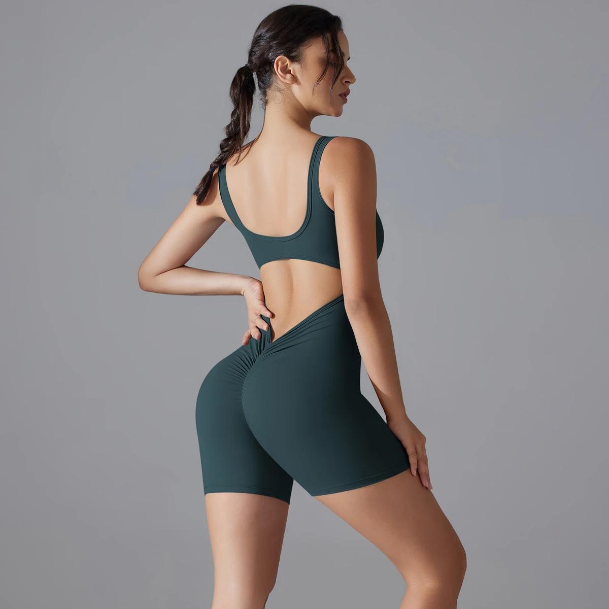 Nouveau V dos Scrunch sport combinaison femmes barboteuses de gymnastique sans manches vêtements de