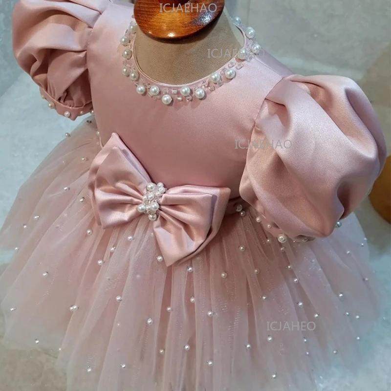 Robe de cérémonie pour enfant 2026 rose à manches bouffantes, ornée de perles et d'un nœud, pour dem