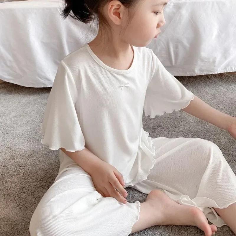 Ensemble de soie glacée pour filles, vêtements de maison fins pour enfants, vêtements d'été pour enf