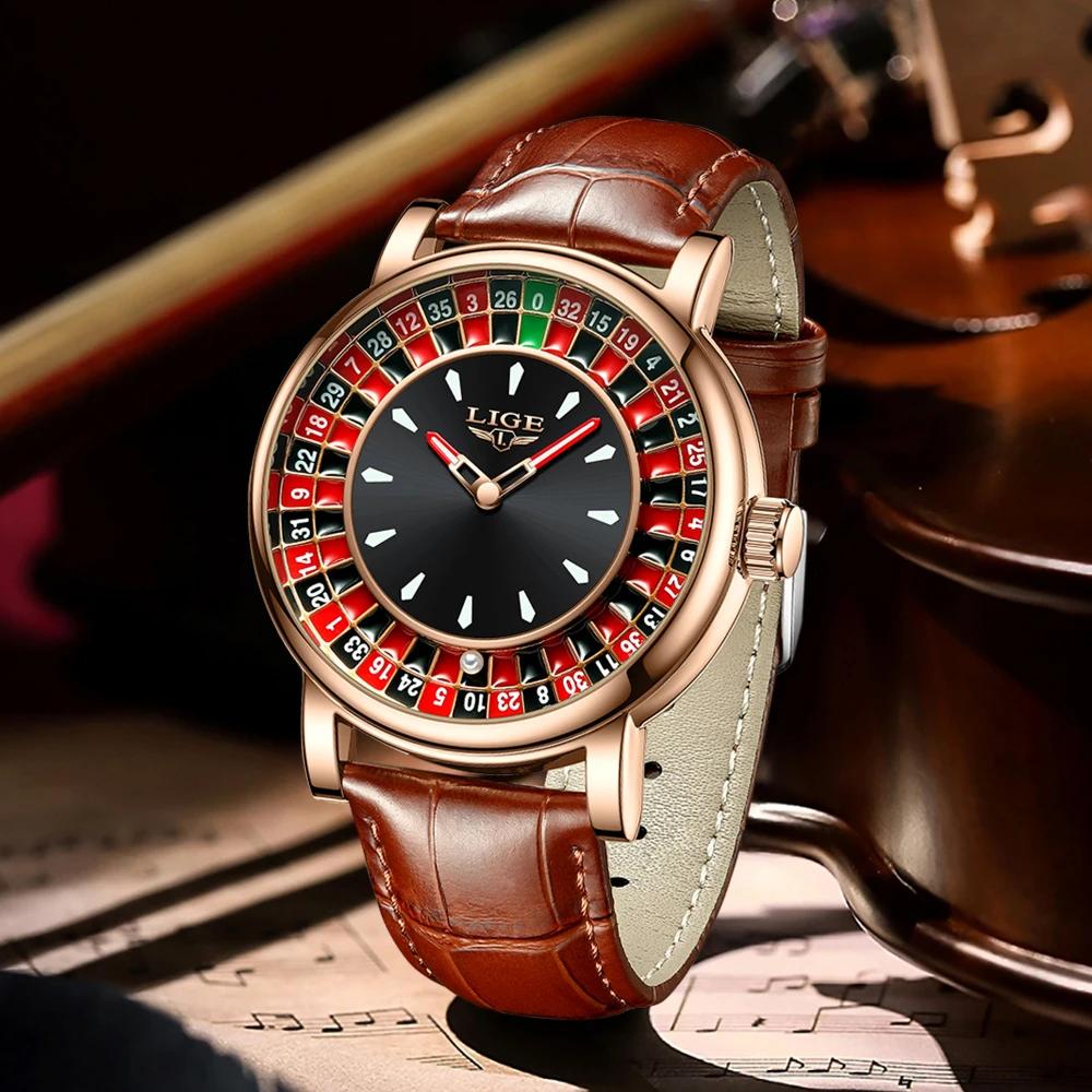 LIGE mode cuir marron hommes montre cadran rotatif Las Vegas Roulette bureau thème montre hommes éta