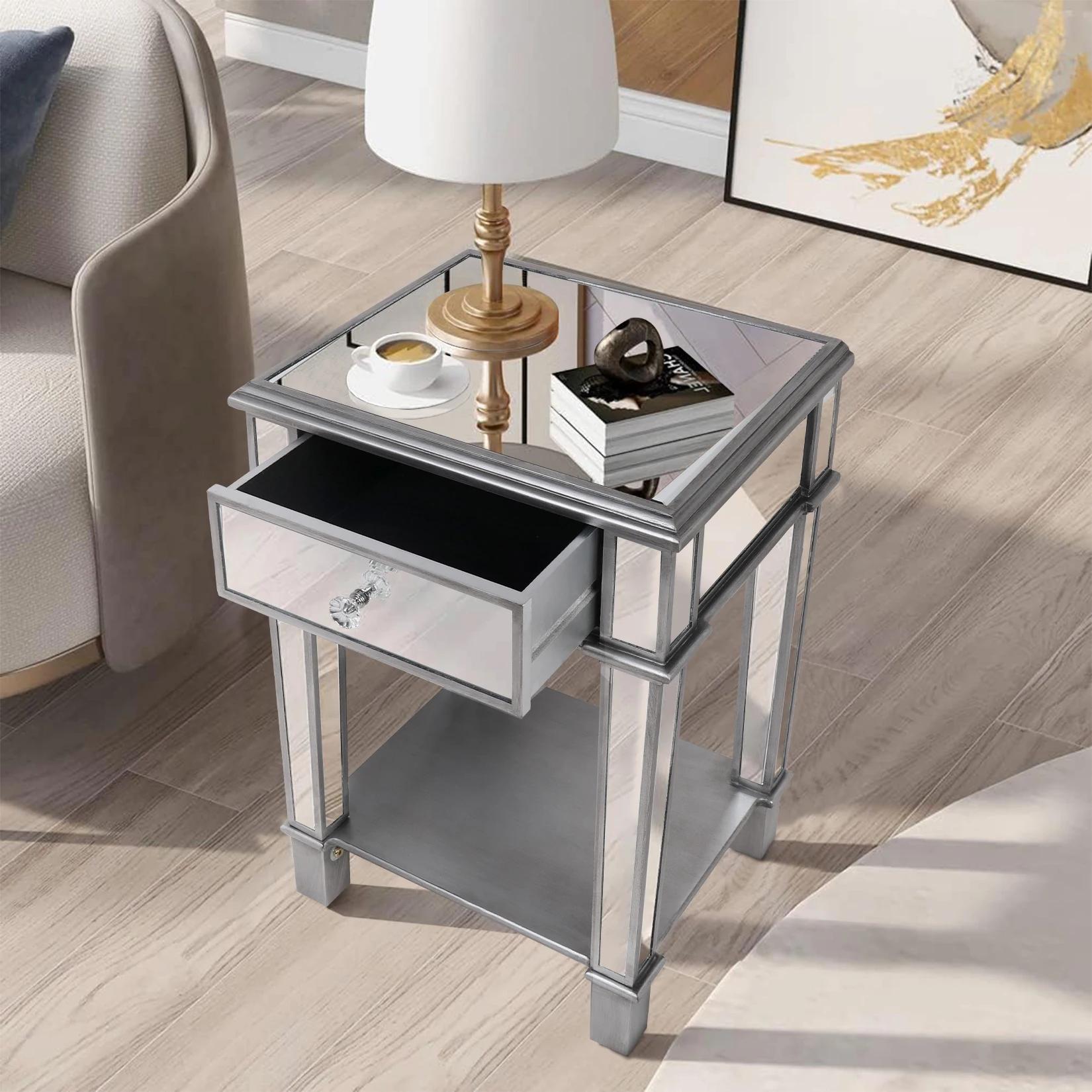 Table d'appoint miroir argentée pour salon chambre, 2 niveaux, côté canapé, armoire de chevet, table