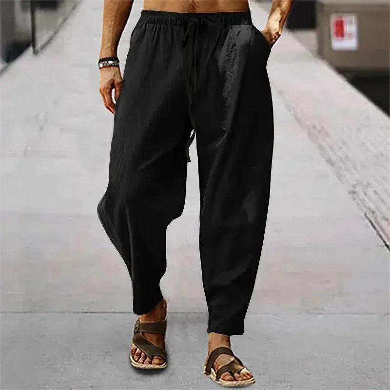 Nouveaux hommes coton lin pantalon été et automne solide taille haute pantalon à jambes larges mâle