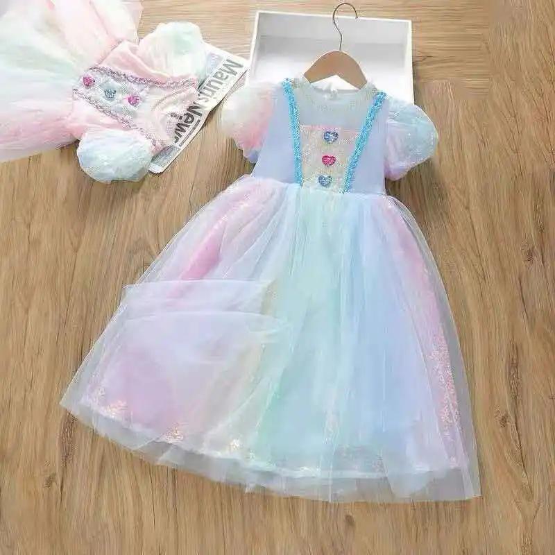 Robe en tulle dégradé arc-en-ciel inspirée d'Elsa pour filles, costume de princesse pour enfants, ét