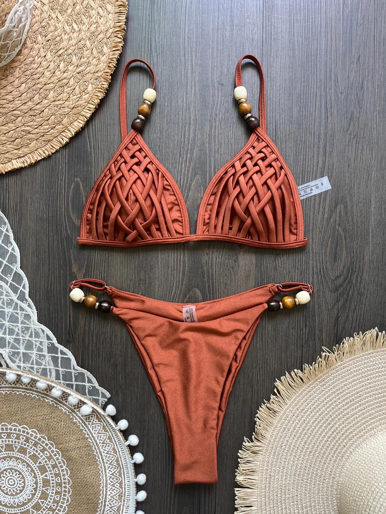 Sexy marron Bikini ensemble 2026 femmes perles sangle trou sur Push Up soutien-gorge string maillot