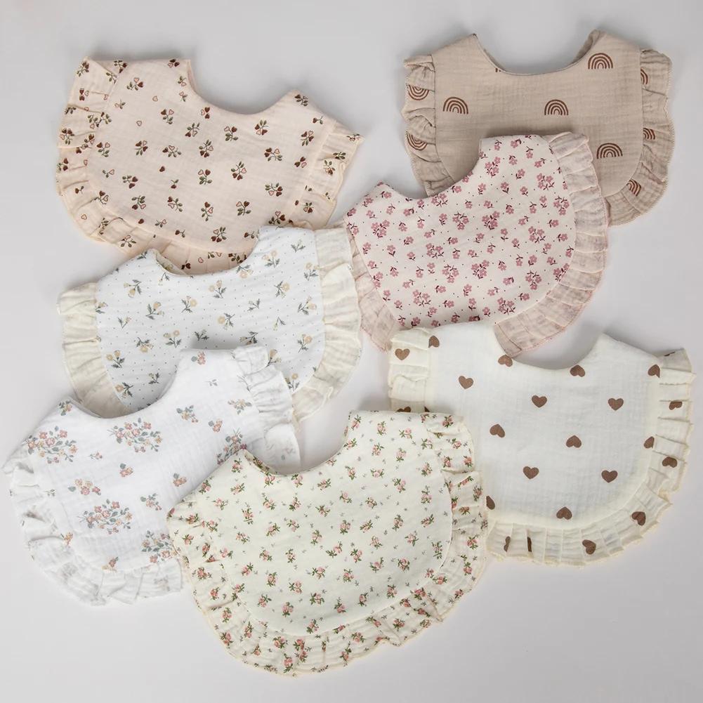 Bavoirs pour bébé imprimés de fleurs, serviette de salive réglable, bord à volants, mousseline de co
