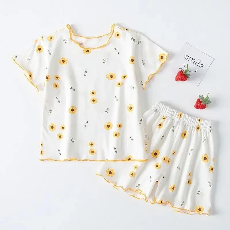 Ensemble pyjama d'été pour filles, imprimé fraises, short et t-shirt pêches roses, vêtements d'intér