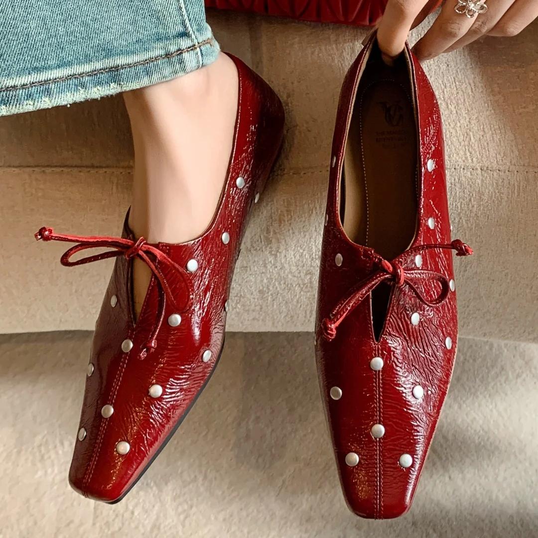 Espadrilles à lacets en cuir de vachette pour femmes, ballerines ald-on, chaussures à rivets souples