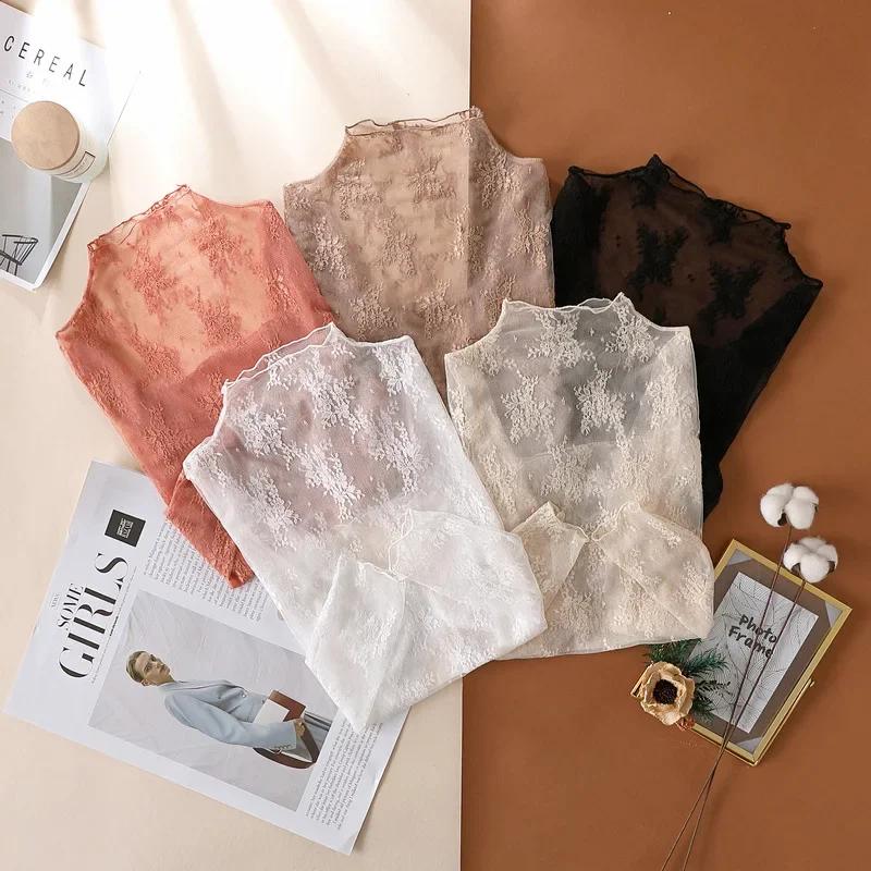 Chemise en dentelle florale pour femmes, manches longues, Sexy, chemises à bascule en maille, col mo