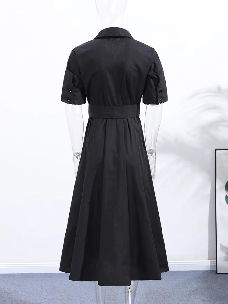 Nouvelle Robe Longue Plissée Noire Élégante pour Femme avec Ceinture, Manches Longues et Col Revers,