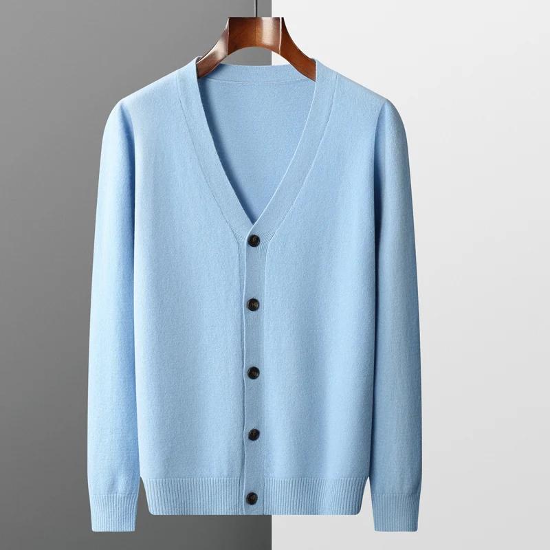 Pull en laine pure pour hommes, cardigan basique, manteau à col en V, veste décontractée, haut de do