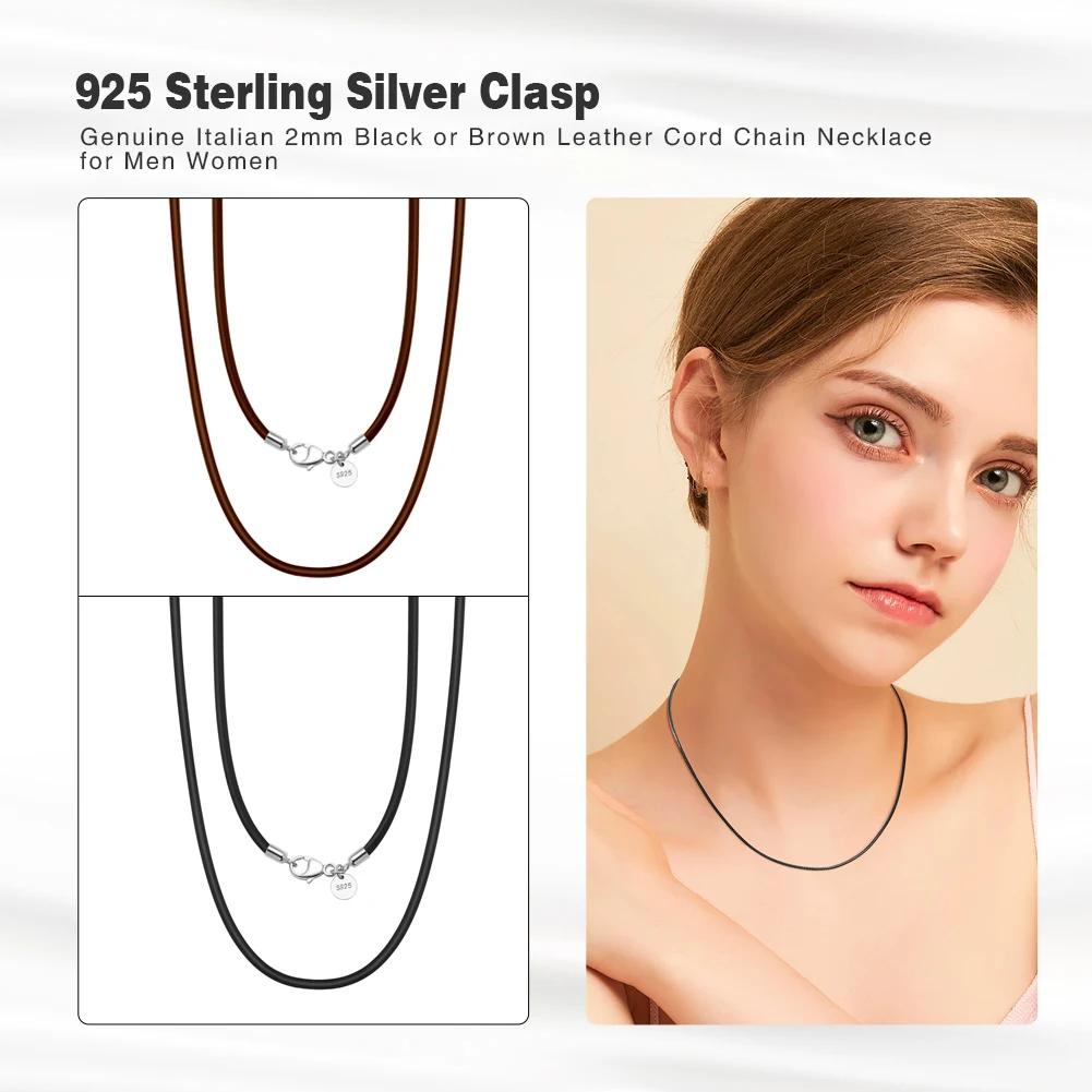 Rinntin véritable italien 2mm marron cuir cordon chaîne collier pour femmes hommes avec 925 en argen