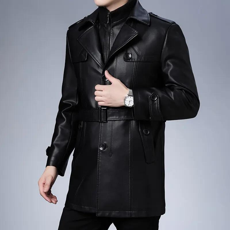 Veste d'hiver en cuir polaire pour hommes, costume d'affaires mi-long décontracté avec col coupe-ven