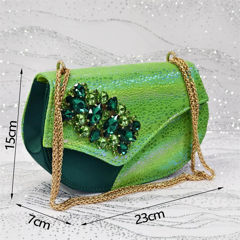 Ensemble de chaussures et de sacs africains à strass, nouveau design vert, talons confortables à bou