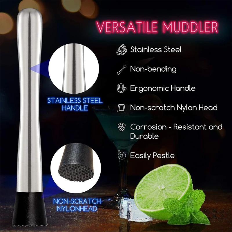 LMETJMA 10 pouces acier inoxydable Cocktail Muddler et cuillère à mélanger professionnel Bar Cocktai