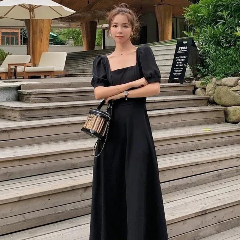 Robe Chic Vintage Noire pour Femme, Taille Haute, Col Carré, Manches Bouffantes, Nministériels d Tra